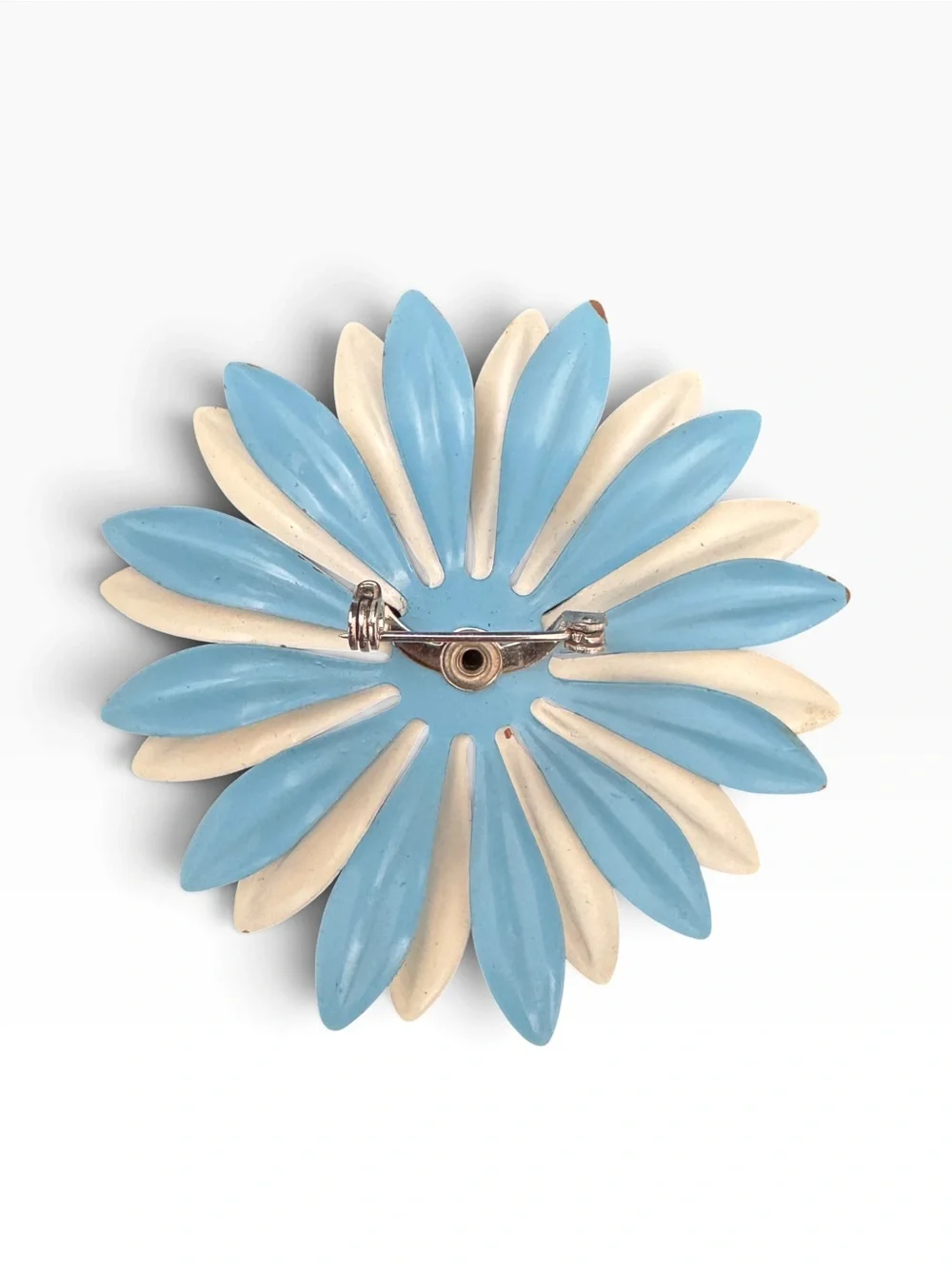 60s Vintage Flower Pin Baby Blue White Cotton Candy Metal Flower Mod Enamel 2.5”